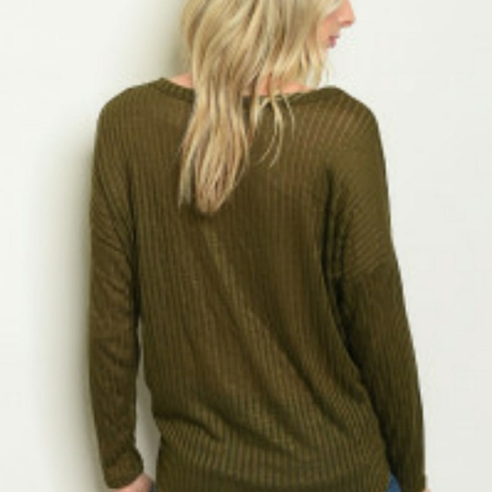 Olive Ribbed Tie Front Long Sleeved Tie Front To - Picture 2 of 3